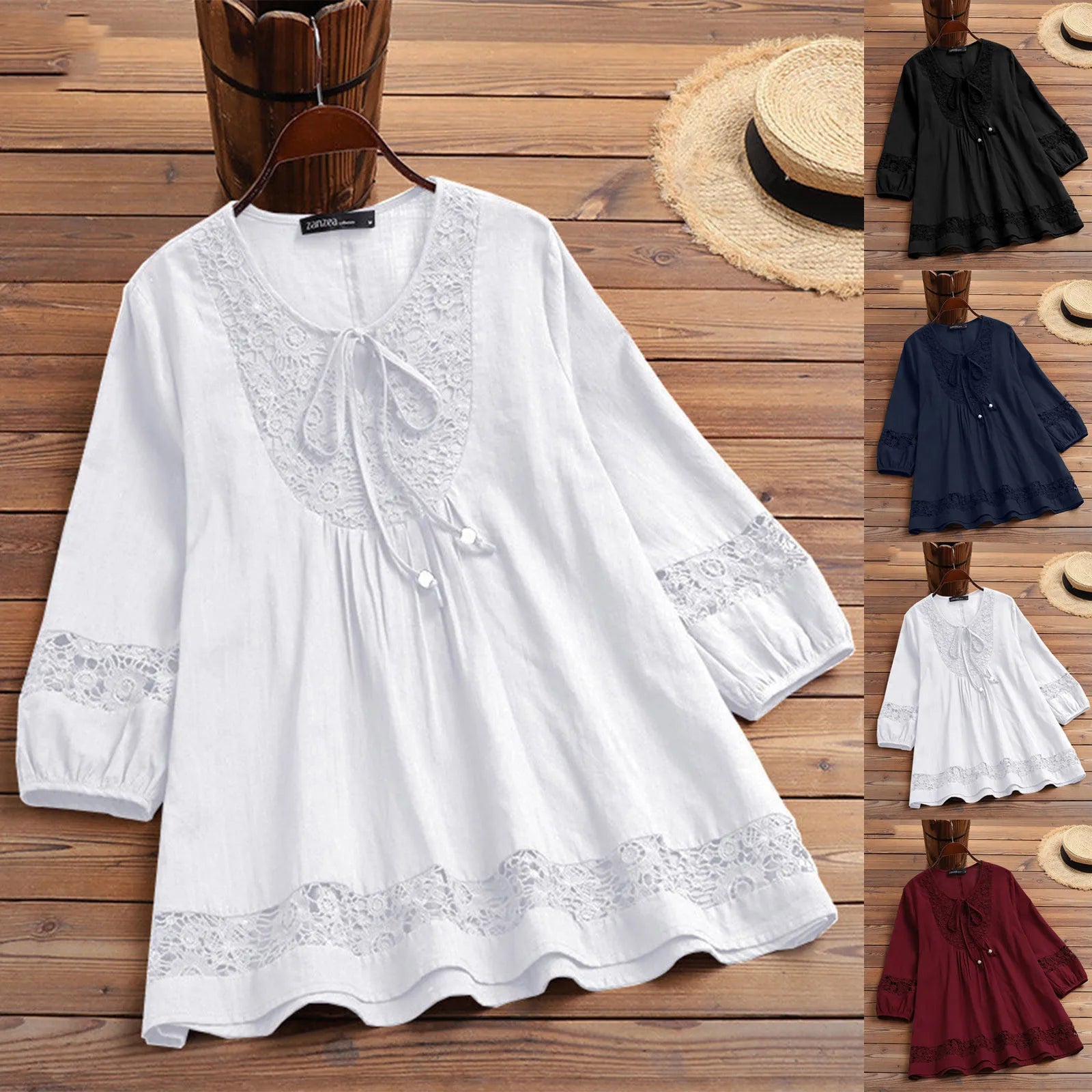 Spring And Summer Plus Size Fashion Vintage 3/4 Sleeve O-neck Pleated Lace Blouse