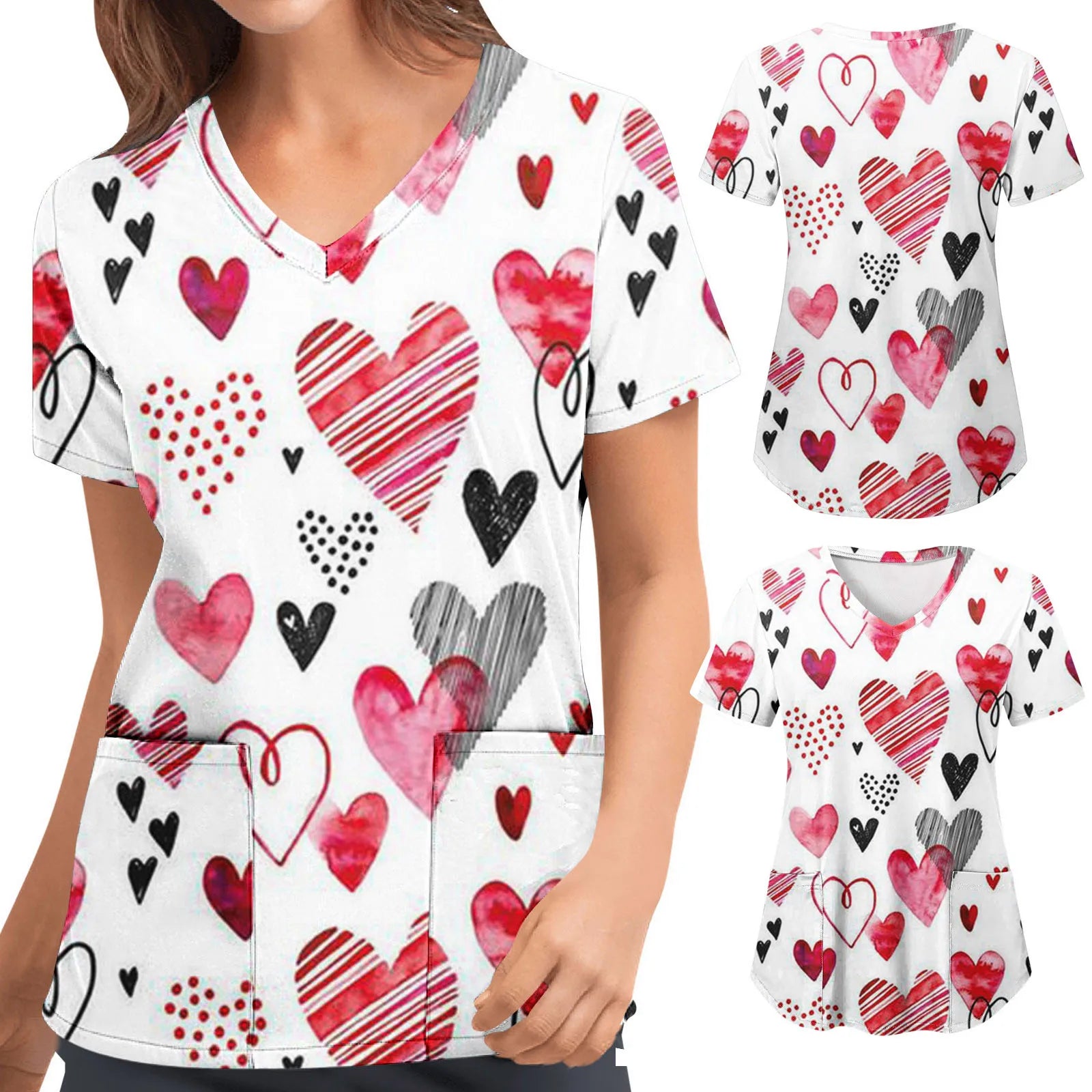 Short-sleeved Top For Nurses V-neck Women Valentine's Day Love Print Uniform Casual Women's Blouse