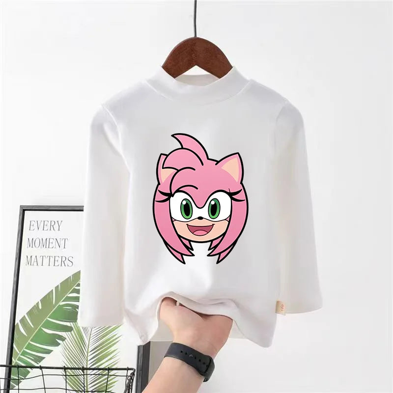 Sonics Print Long Sleevese Pure Color Women T-shirt Top Cotton Casual Cute Cartoon Anime Sweat Absorbent Breathable Shirt Kids