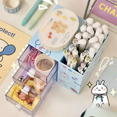 Cute Pen Holder Storage Organizer Boxes with Drawer Cosmetic Rack Kawaii Desk Accessories Girls Office School