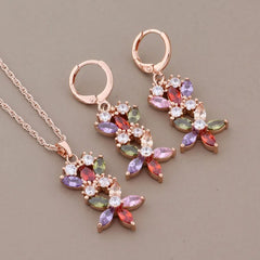 Rose Gold Color Jewelry Sets Colorful Zircon Hanging Earring High Quality Fashion Luxury Elegant Women's Set