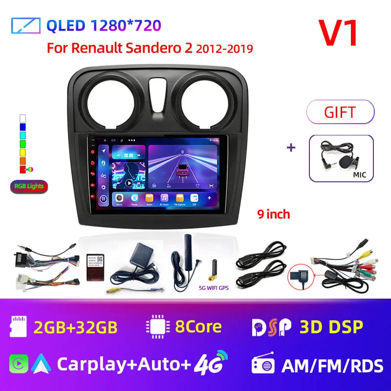 Android 12 Car Radio Multimedia Video Player for Renault Logan 2 Sandero 2 2012 - 2019 2 Din GPS Navigation Stereo DVD carplay