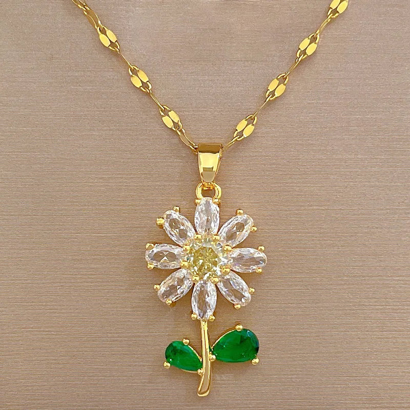 Green Leaf Flower Zircon Necklace and Earrings Set Light Luxury Micro-encrusted Earrings and Necklaces Set