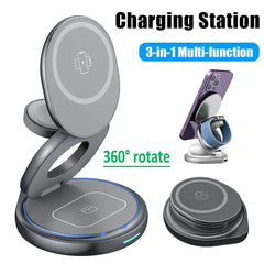 3 in 1 Magnetic 360 Rotate Metal Wireless Charger Stand Pad For iPhone 15 14 13 12 Apple Watch 9 8 Airpods Fast Charging Station