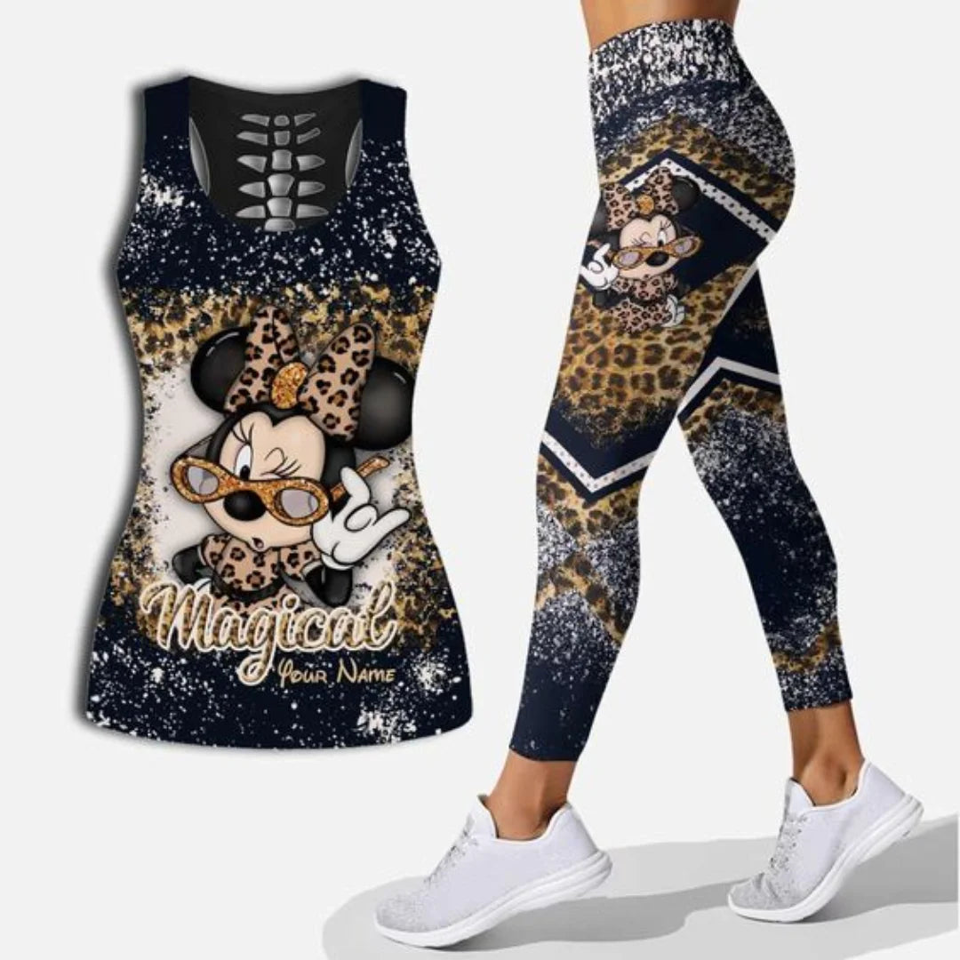 Mickey Women's Hollow Vest Women's Leggings Yoga Suit Fitness Leggings Sports Suit Disney Tank Top Legging Set