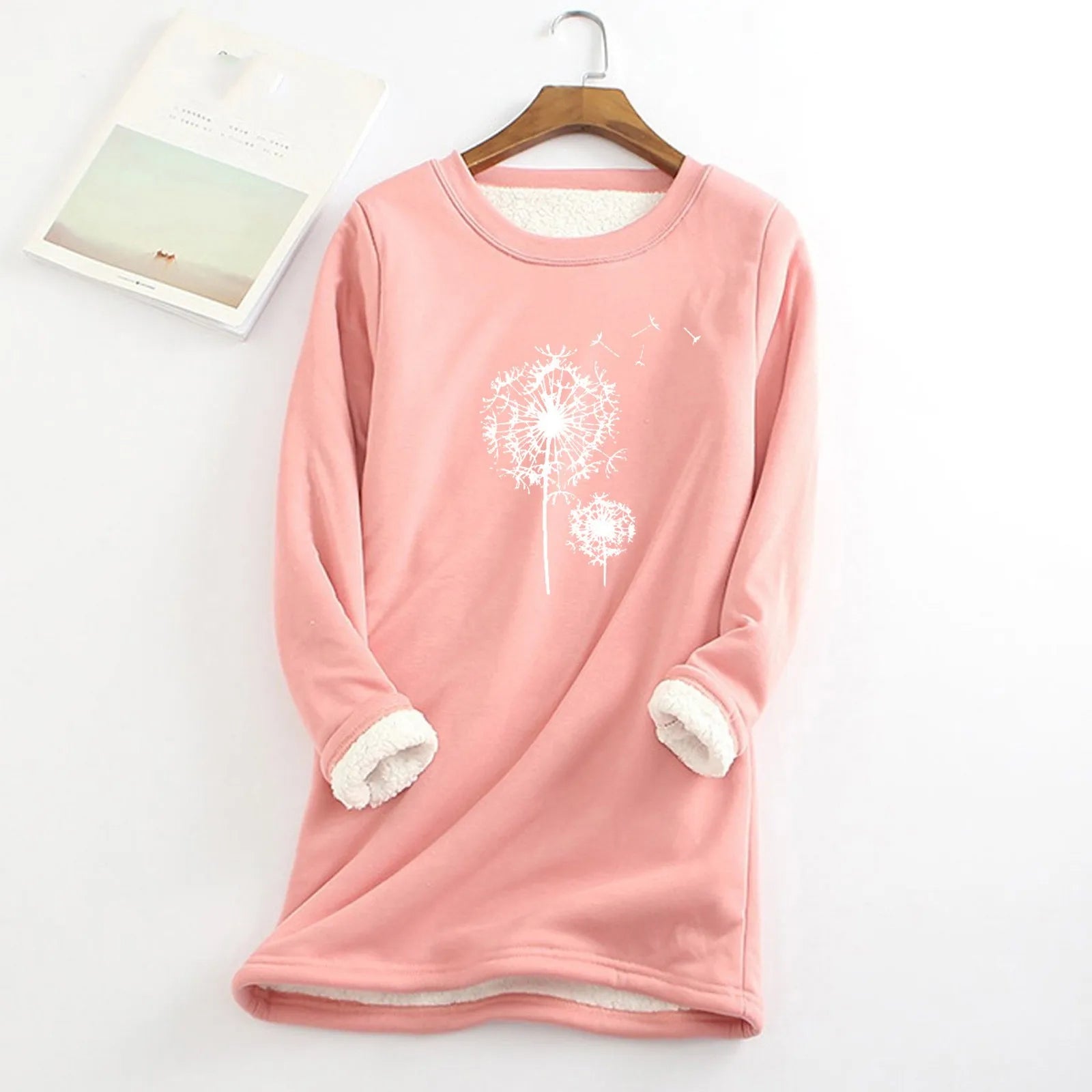 Women Casual Print Shirt Thick Fleece Lined Sweatshirt Winter Round Neck Warmth Padded Soft Fashion Pullover