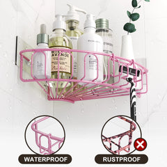 Metal Pink Bathroom Shower Corner Shelves Adhesive Wall Mount Basket Rack with 2 Hooks Shampoo Organizer