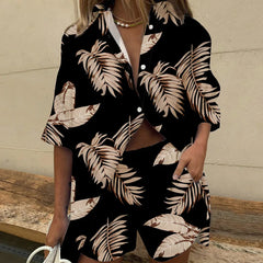 A two-piece set with printed women's sheets, elegant casual lapel suit