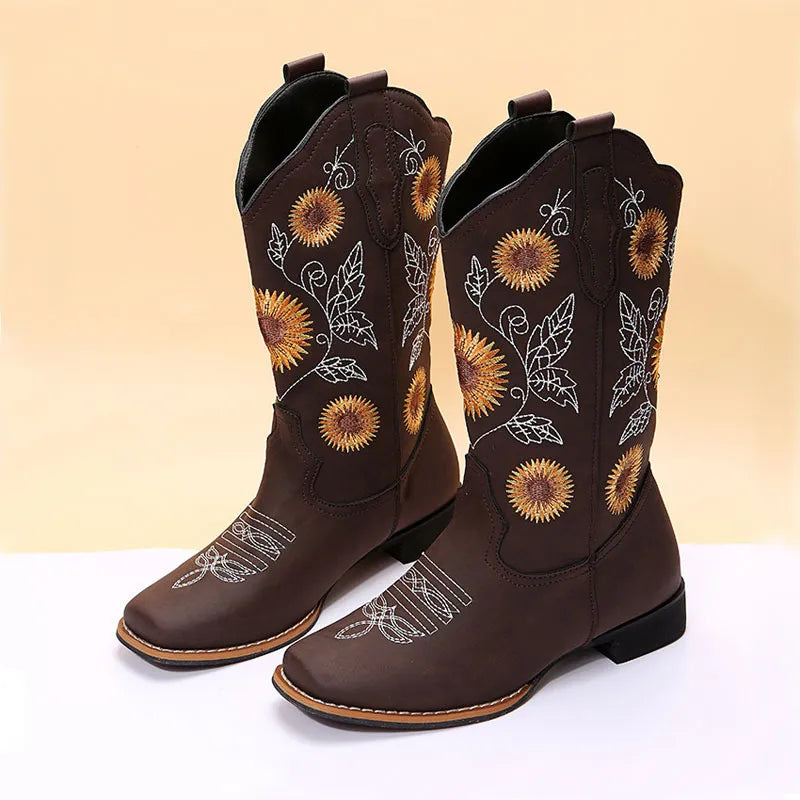 Women Flower Embroidery Shoes Slip-on Riding Boots