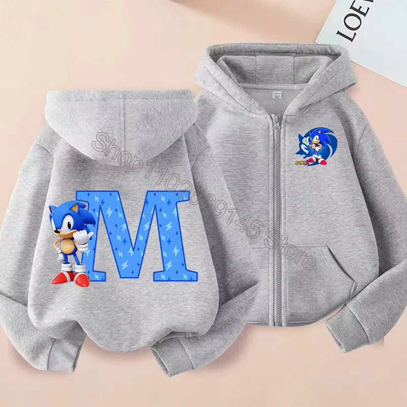 New Sonics Boys Zip-up Hoodies Kids Anime Hoodie Cartoon Letter Printed Tops Winter Warm Jacket Coat Autumn Children Clothing