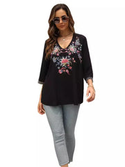 KHALEE YOSE Boho Floral Embroidery Blouse Shirt Black Summer Spring Mexican Shirt