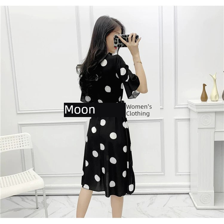 French Style Retro Contrast Color Polka Dot Bell Sleeve Dress