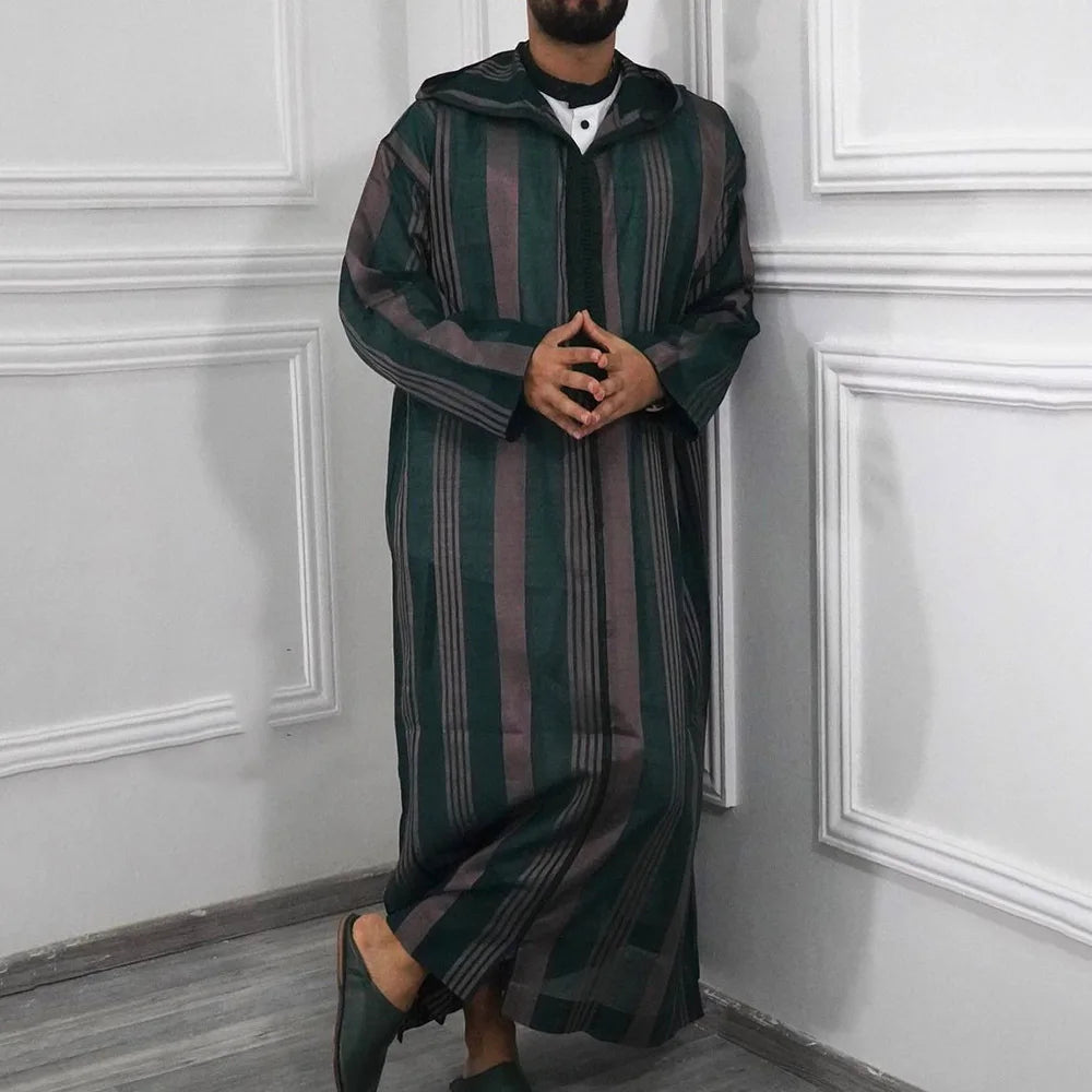 Muslim Men Long Sleeve Striped Hooded Breathable Robes 2022 Men's Robes Loose Dubai Saudi Arabia Robes Mens