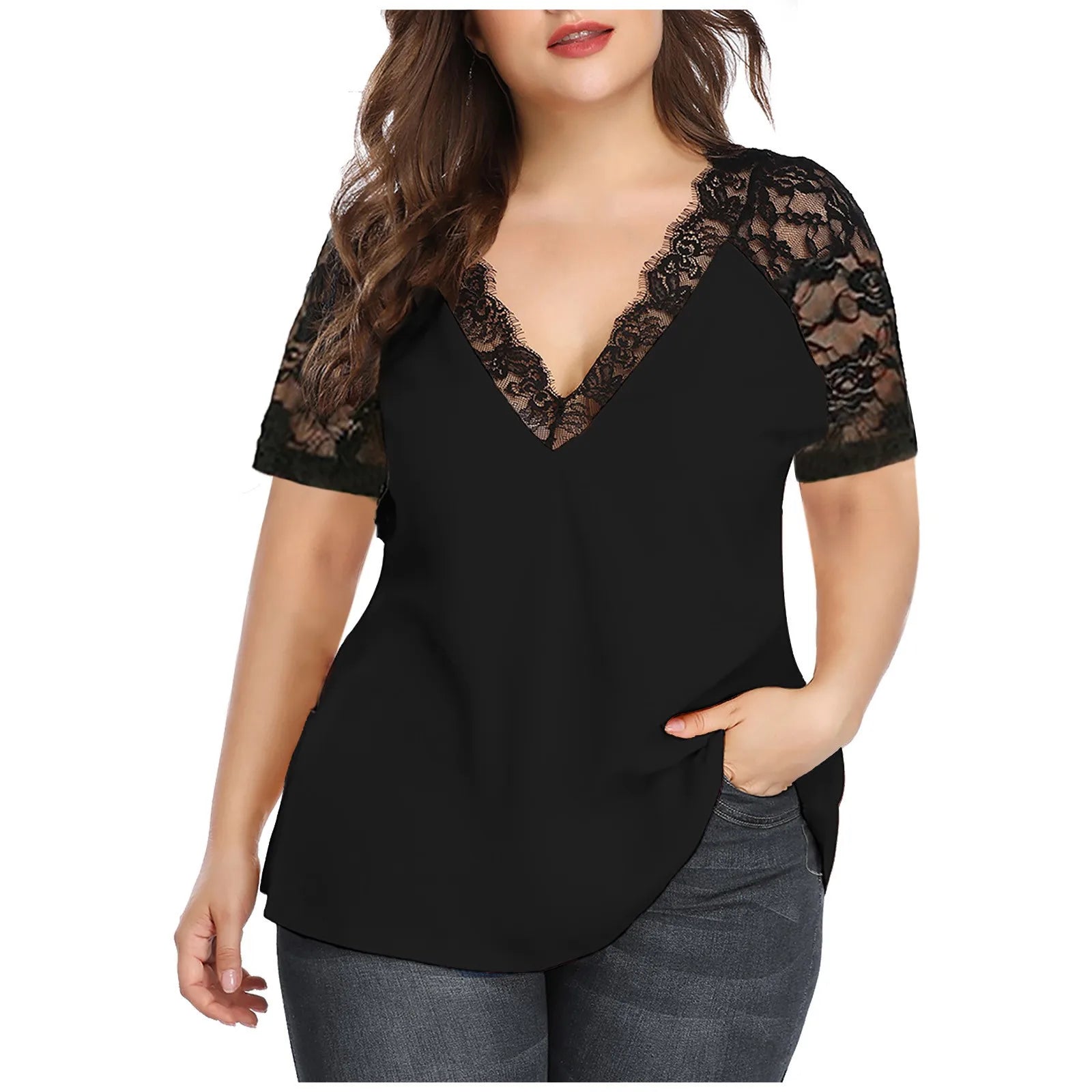 Plus Size Women Solid Floral Lace Shirts Short Sleeve Blouses For Women Ladies Lace Patchwork Summer T Shirt