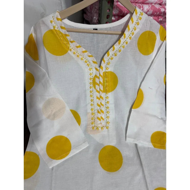 Summer Cotton Kurta Palazzo Dupatta Set Readymade Yellow Dot Decoration Salwar Kameez Dresses