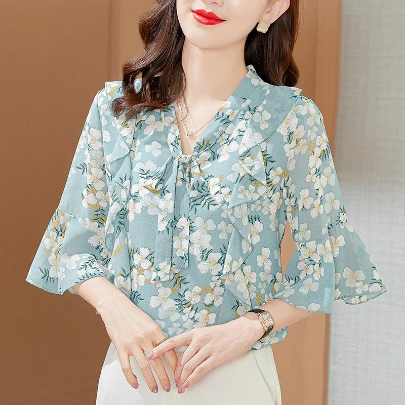 New Summer Women Floral Chiffon Blouse Shirts Loose Bow Lady Shirts Tops