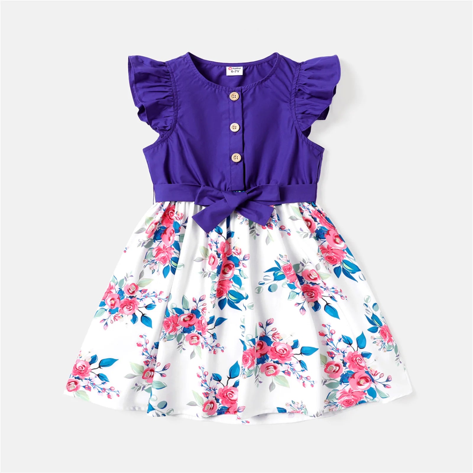 PatPat Kid Girl Floral Print Splice Flutter-sleeve Belted Dress