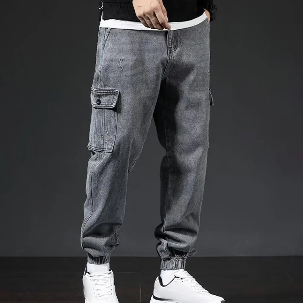 Loose Safari Style Men Cargo Pants Retro Multi Pockets Ankle-banded Elastic Mid Waist Streetwear Plus Size Men Trousers