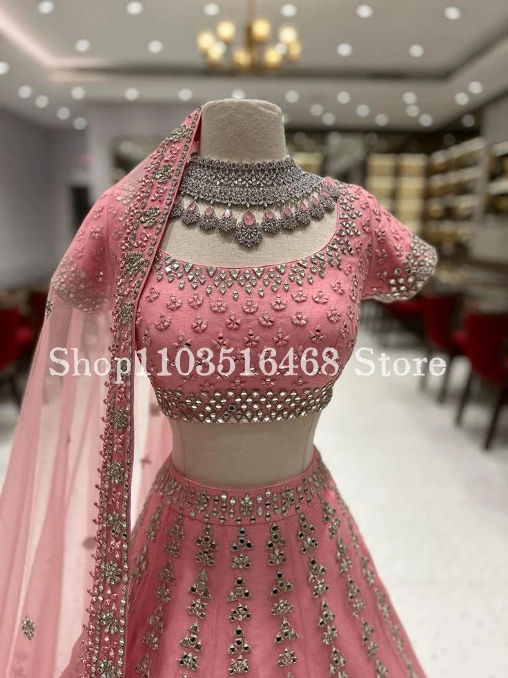 Pink Indian Ethnic Wedding Dresses Luxury Diamante Applique Saree