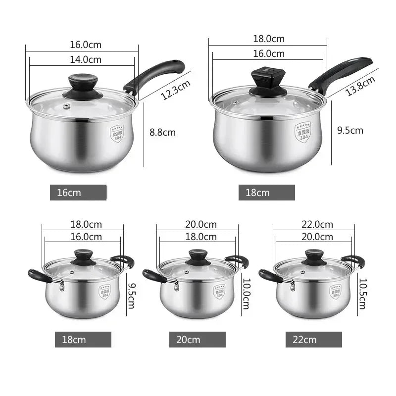 Kitchen 304 Stainless Steel Stewpan Saucepan Milk Pan Soup Cookware Non-stick Frying Pan With Glass Cover Lid Cooking Pots