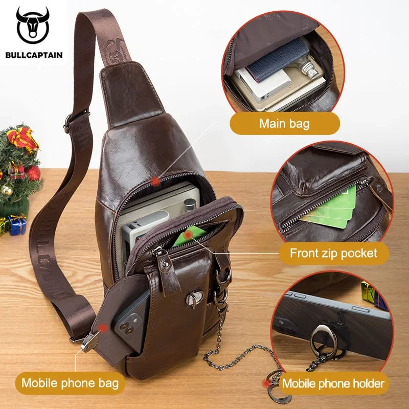 BULLCAPTAINN 100% Genuine Leather Men's Chest Bag Shoulder Messenger Bags Chest Fashion Brand Multifunctional Mobile Phone Bag's