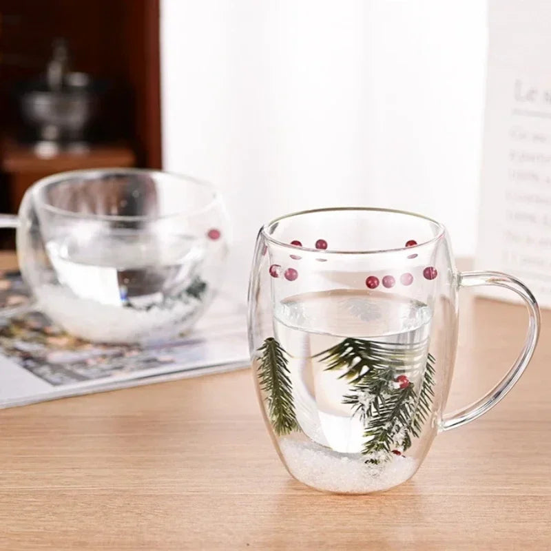 Double Wall Glass Cup Christmas Pine Leaf Snow Scene Coffee Cup Anti Scalding Heat Insulation Water Cup Xmas Gift Mug