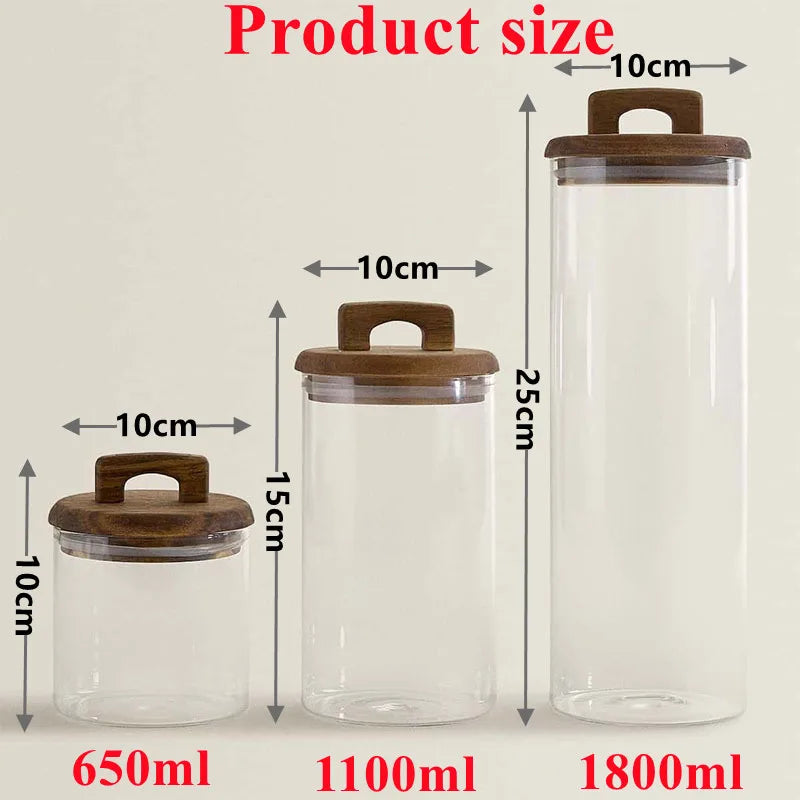 Glass Food Storage Tank with Wooden Lid Kitchen Coffee Beans Candy Tea Grains Canister