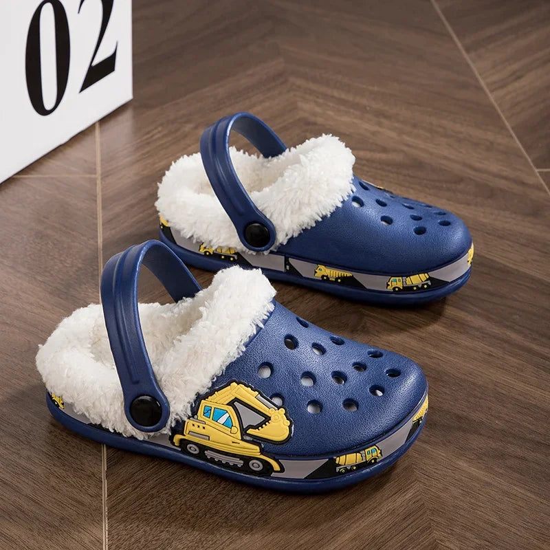 Winter Children Slipper Cotton Baby Boy Clogs Cartoon Excavator Print Comfortable Indoor House Shoes