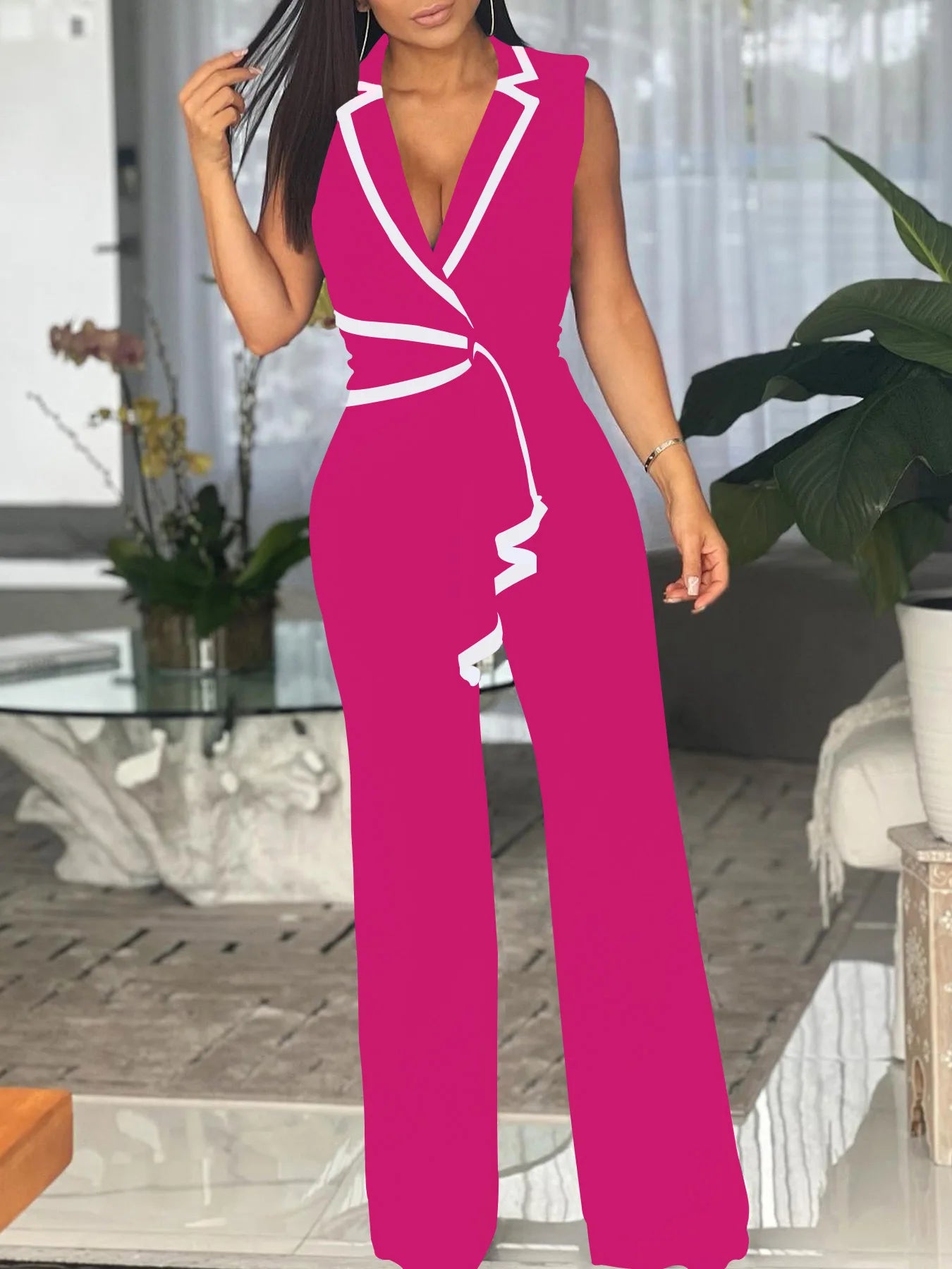 European and American Cross-border Summer Women's New Fashion V Neck Elegant Elegant Sleeveless Jumpsuit Wide Leg Pants