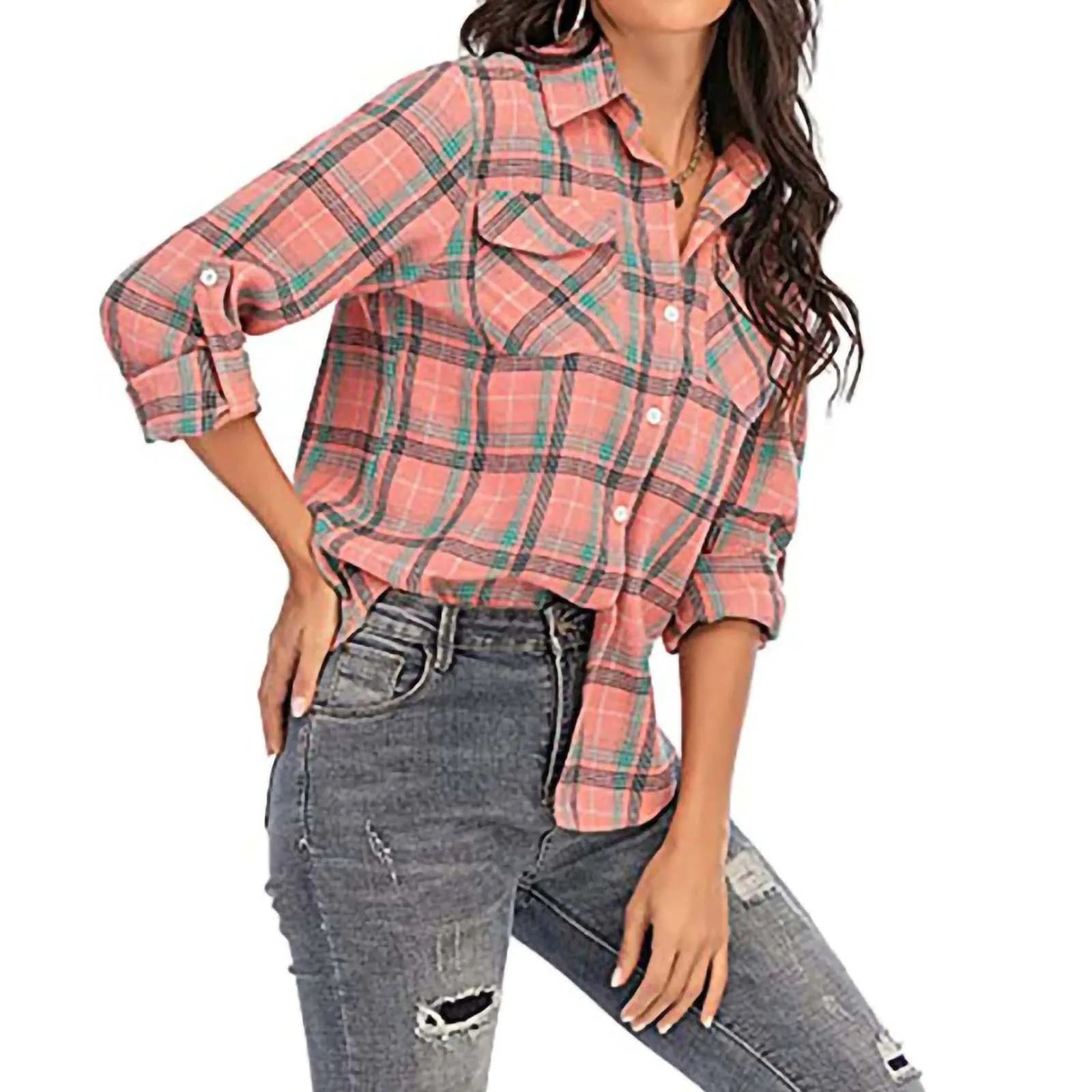 New Cotton Women's Shirts Grid Plus Size Blouse Shirt