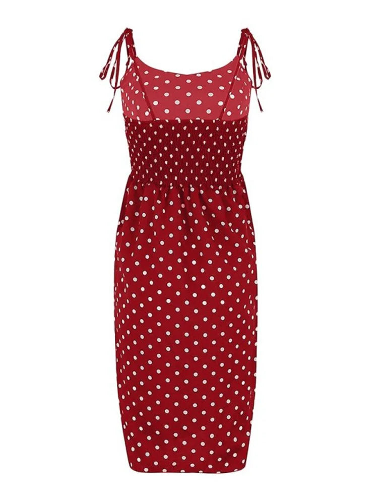 Sundress Summer Women Causal Polka Dot Sleeveless High Pleated elastic waist V-Neck Beach Dress