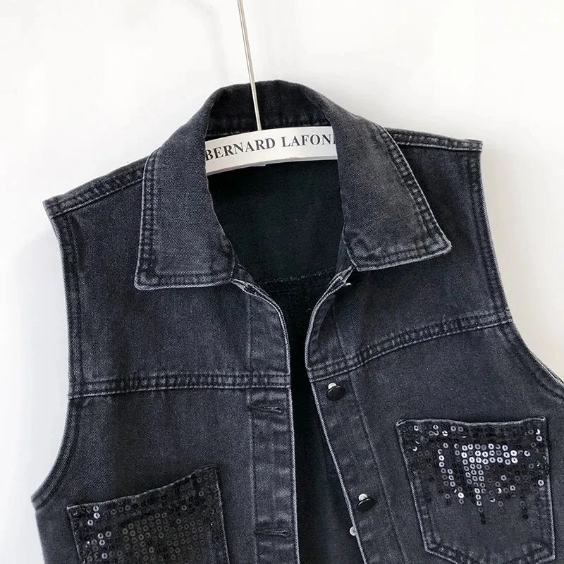 Fashion Design Sequins Denim Vest Summer Autumn Women's Waistcoat