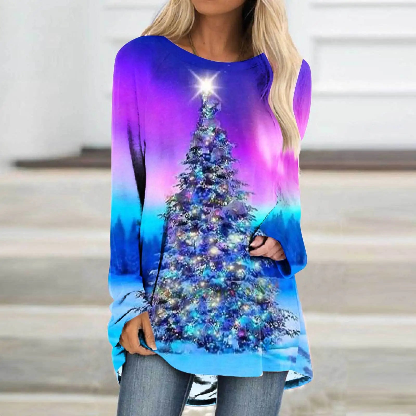 Christmas Tree 3d Print Long Sleeve T-shirt Women Fashion Crewneck Long Tunic Tops