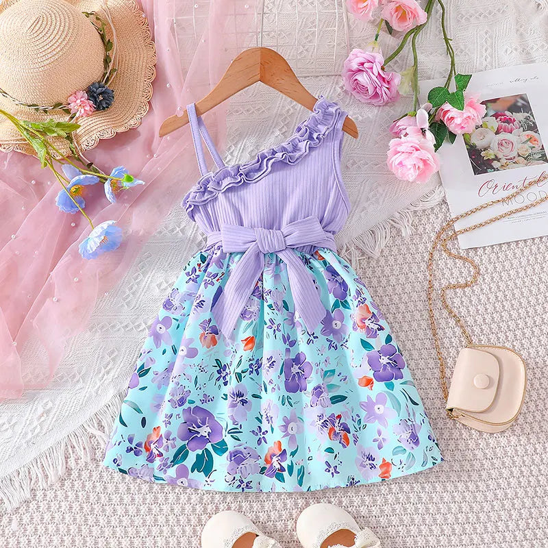 Summer Ruffles Floral Off Shoulder Sleeveless Kids Princess Dresses