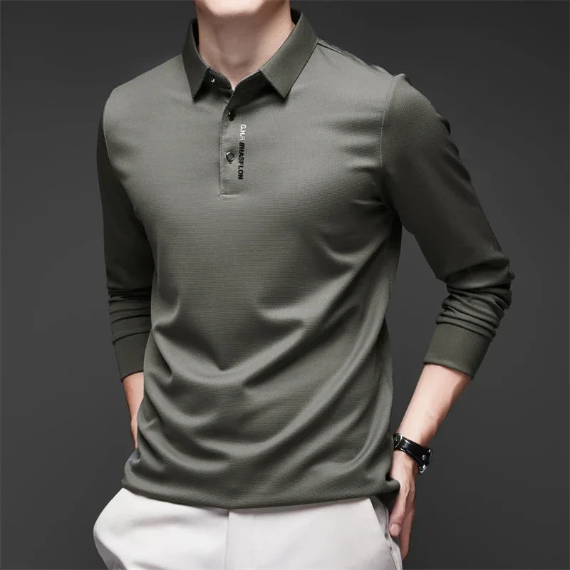 New Men's Business Casual Long Sleeved Shirt with Badge Solid Color Polo Shirt Fashionable Breathable Comfortable Versatile Top