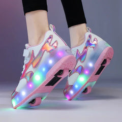 Kids LED usb charging roller shoes glowing light up luminous sneakers with wheels