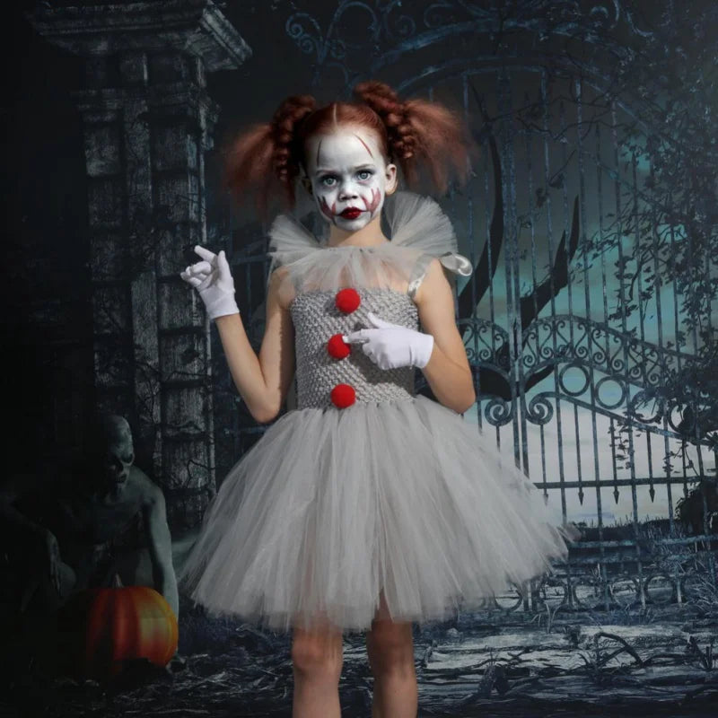 Halloween Girls Tutu Dress Kids Cosplay Scary Gray Clown Costume Girl Carnival Party Dress Up Clothing