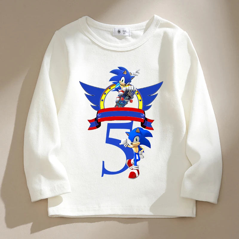 New Sonics Kids T-shirts Cartoon Birthday Number Printed Tops Boys Casual Long Sleeves T-shirt Winter Autumn Children Clothing