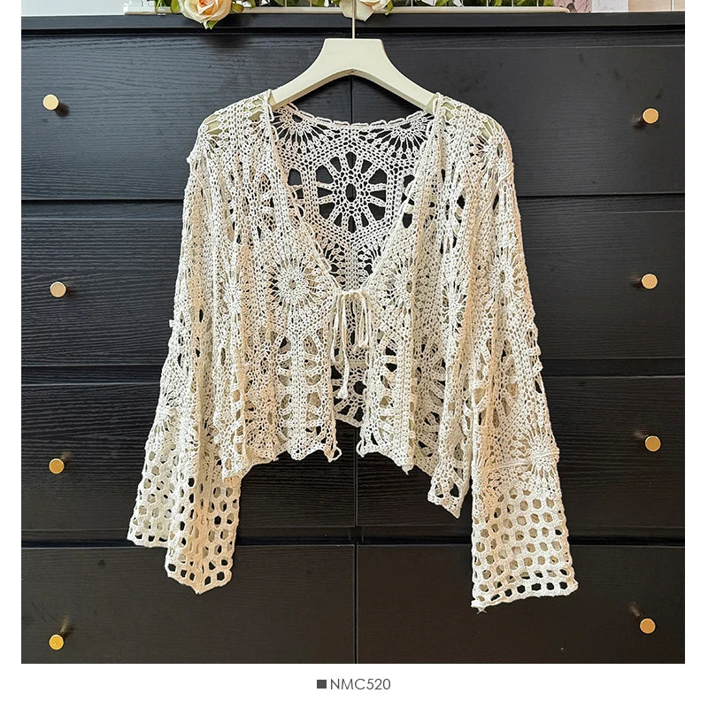 Kimotimo Hollow Hook Flower Thin Knitted Cardigan Women Boho Ethnic Style Long Sleeve Crop Tops Summer Outwear Lace Up Bow Shirt