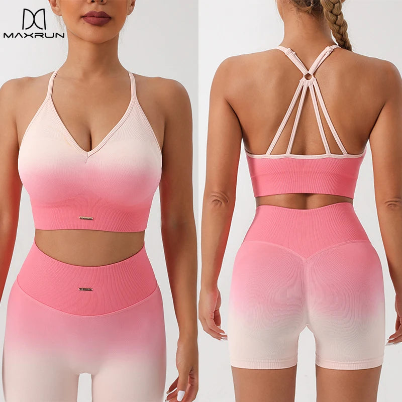 Women's Yoga Set Fade Color Seamless High Waisted Gym Shorts Sports Bra