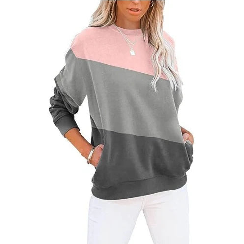 Women's color blocked casual long sleeved top with print round neck sweatshirt