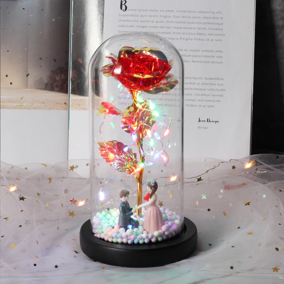 Beauty and Beast Rose Flower with Teddy Rose Bear In Glass Dome Home Wedding Decoration Christmas gift