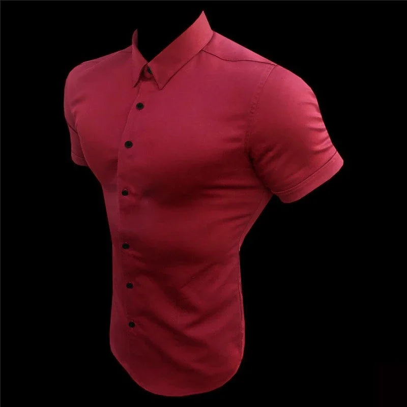 Summer Fashion Short Sleeve Shirt Men Solid Super Slim Fit Male Social Business Dress Shirt Brand Men Gym Fitness Sport Clothing