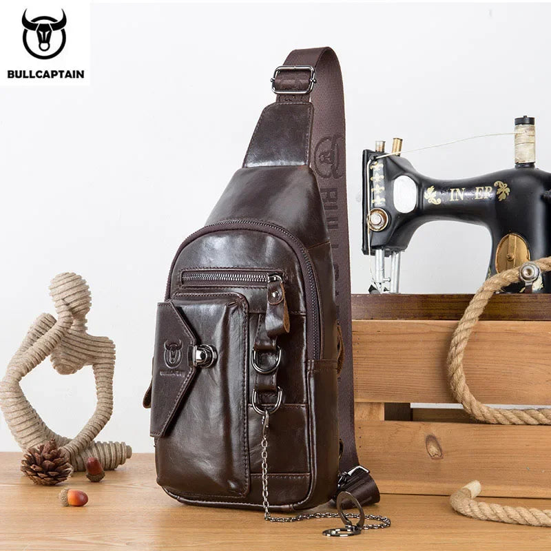 BULLCAPTAINN 100% Genuine Leather Men's Chest Bag Shoulder Messenger Bags Chest Fashion Brand Multifunctional Mobile Phone Bag's