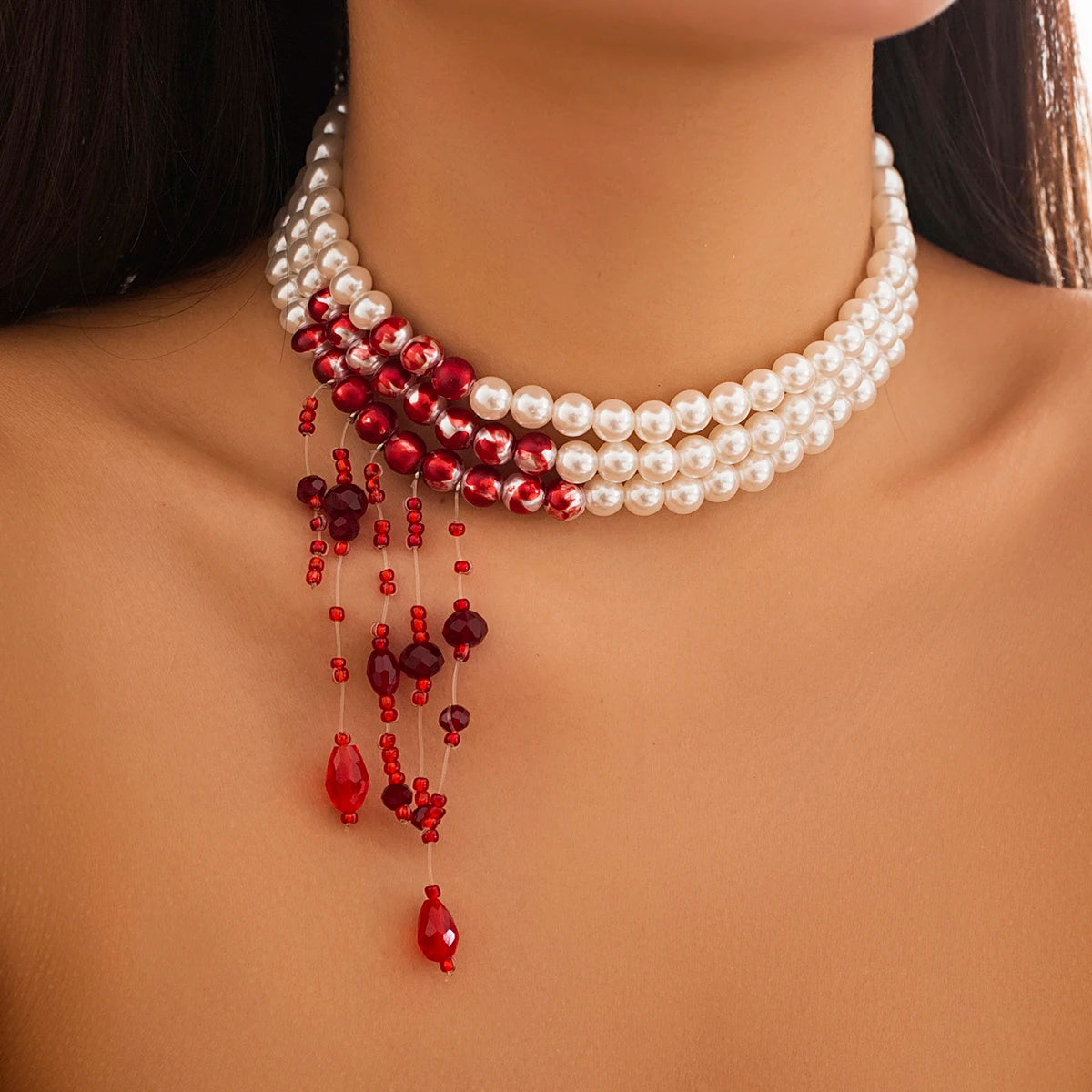 Multilayer Imitation Pearl Necklace For Women Gothic Drop Oil Red Crystal Tassel Choker Necklace Halloween Jewelry