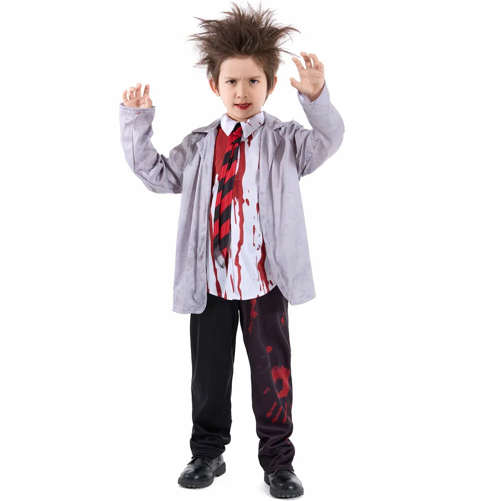 Boys Halloween Bloody Zombie Walking Dead Costumes Kids Children Vampire Student Cosplay Carnival Purim Role Playing Party Dress