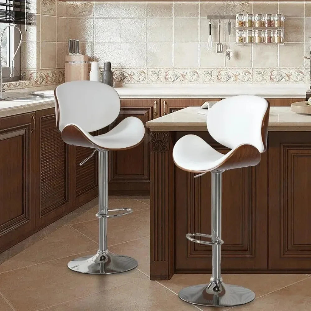 Set of 2, Swivel Adjustable Height Barstools, PU Leather Upholstered Bar Chairs with Footrest, Bentwood Bar Stool for Kitchen