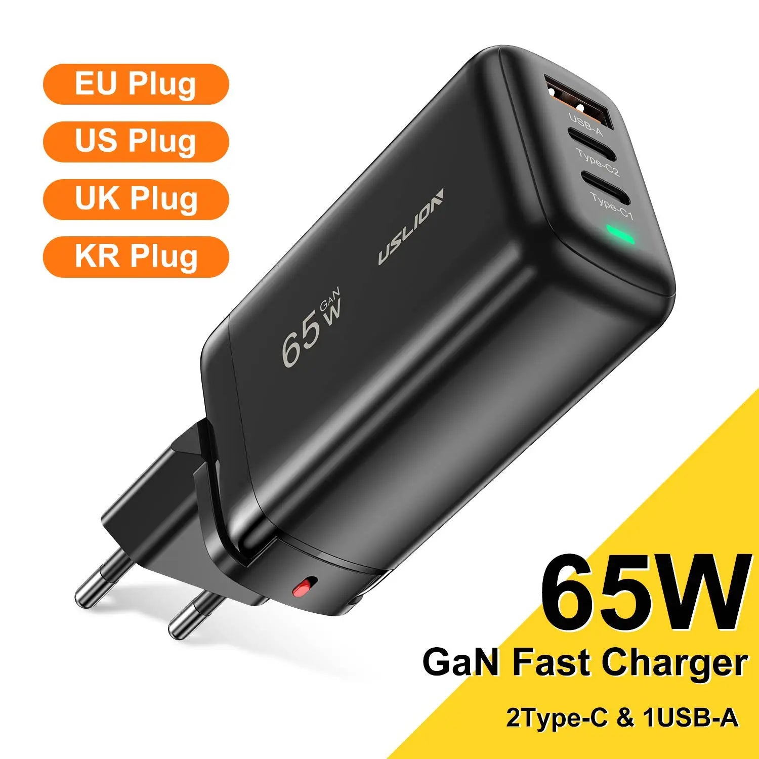 USLION 65W GaN Charger For Laptop Tablet Macbook QC PD 3.0 USB Type C Fast Charge Adapter For Xiaomi POCO iPhone 14 13 Pro Max