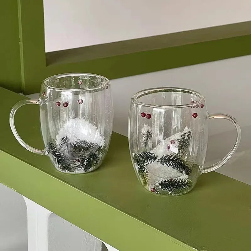 Double Wall Glass Cup Christmas Pine Leaf Snow Scene Coffee Cup Anti Scalding Heat Insulation Water Cup Xmas Gift Mug