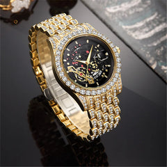 Men Big Brand Skeleton Watches Fashion Alloy Band Luxury Diamond Golden Date Quartz